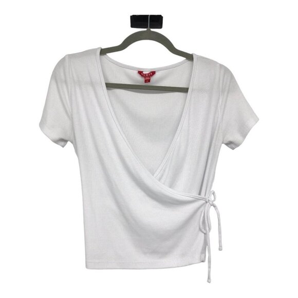 Guess White ribbed surplice V-neck crop top side tie size Medium - Picture 2 of 16